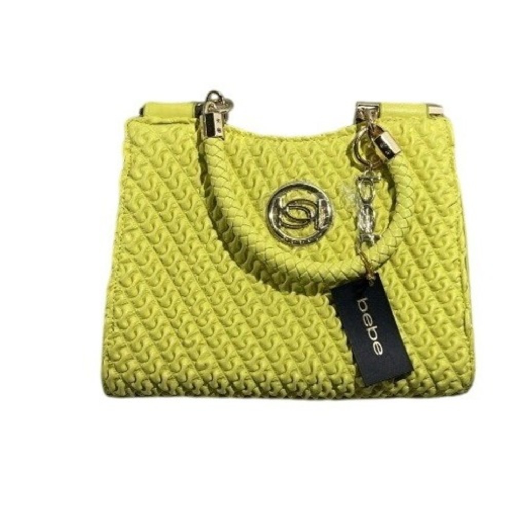 Bebe Lime Green Woven Satchel Handbag Gold Logo Crossbody Bag NEW